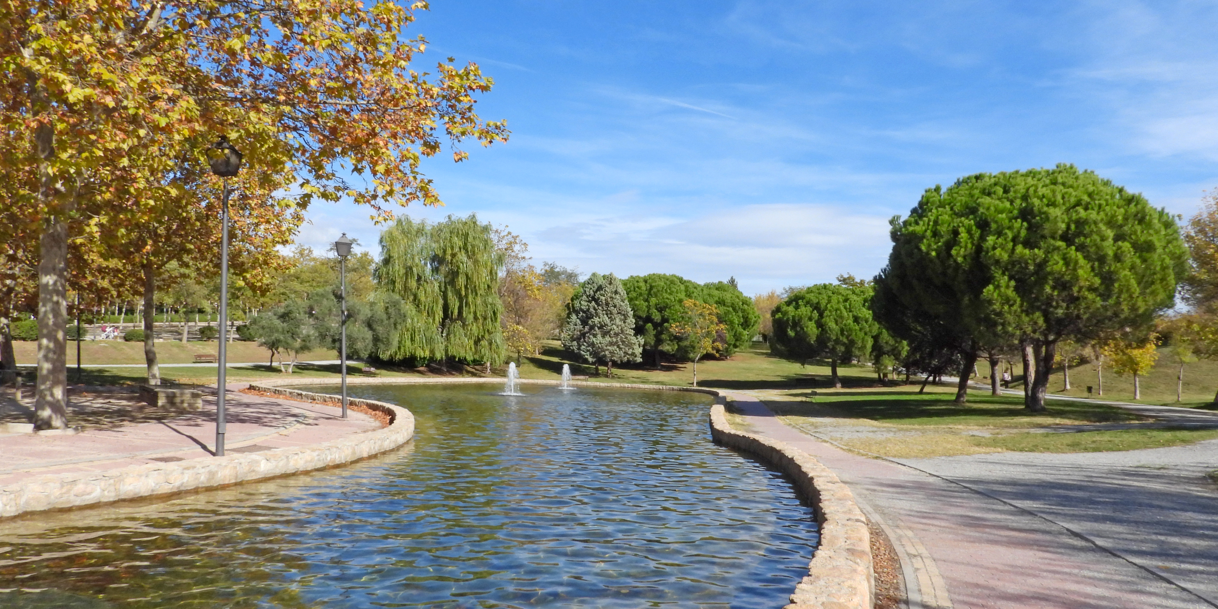 Se observa un estaque con fuente rodeado de c&eacute;sped y &aacute;rboles